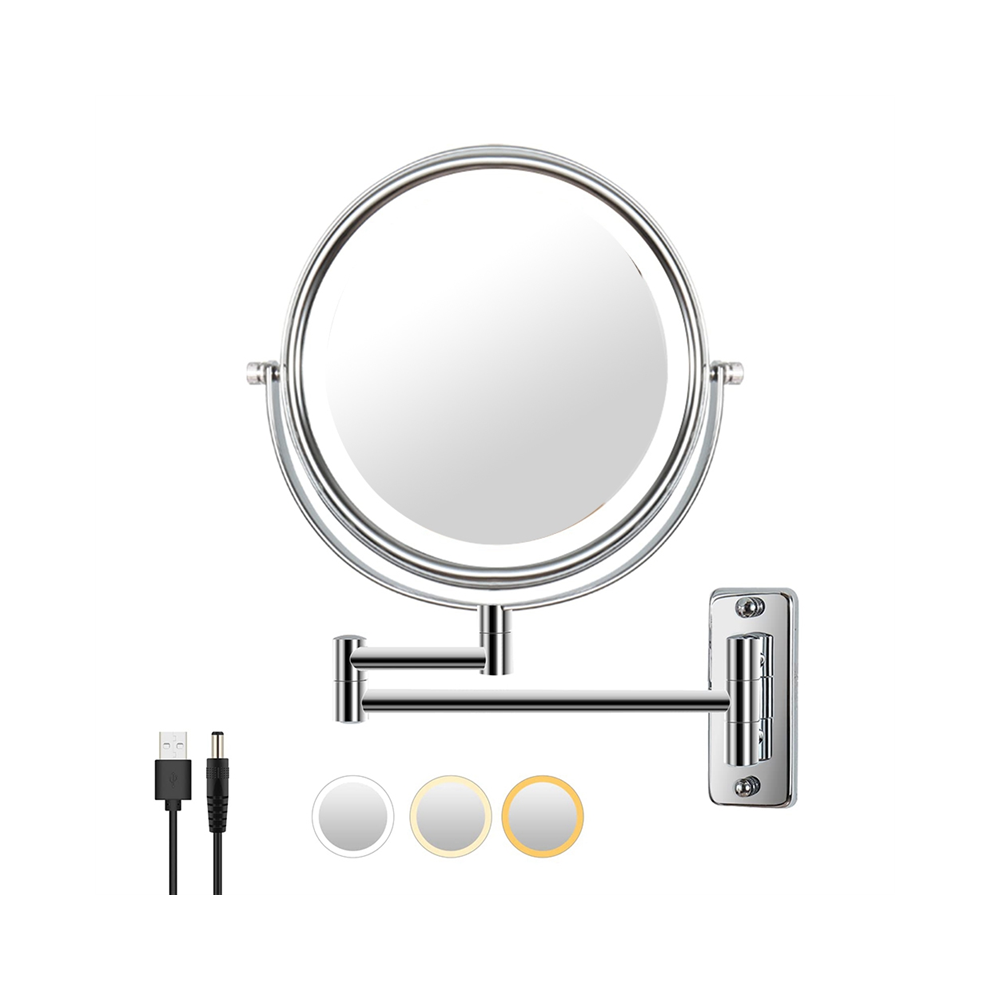 Miroir de courtoisie mural avec loupe 1/10X, pivotant de 8 pouces avec bras d'extension, lampe de vanité et de salle de bain, 3 couleurs