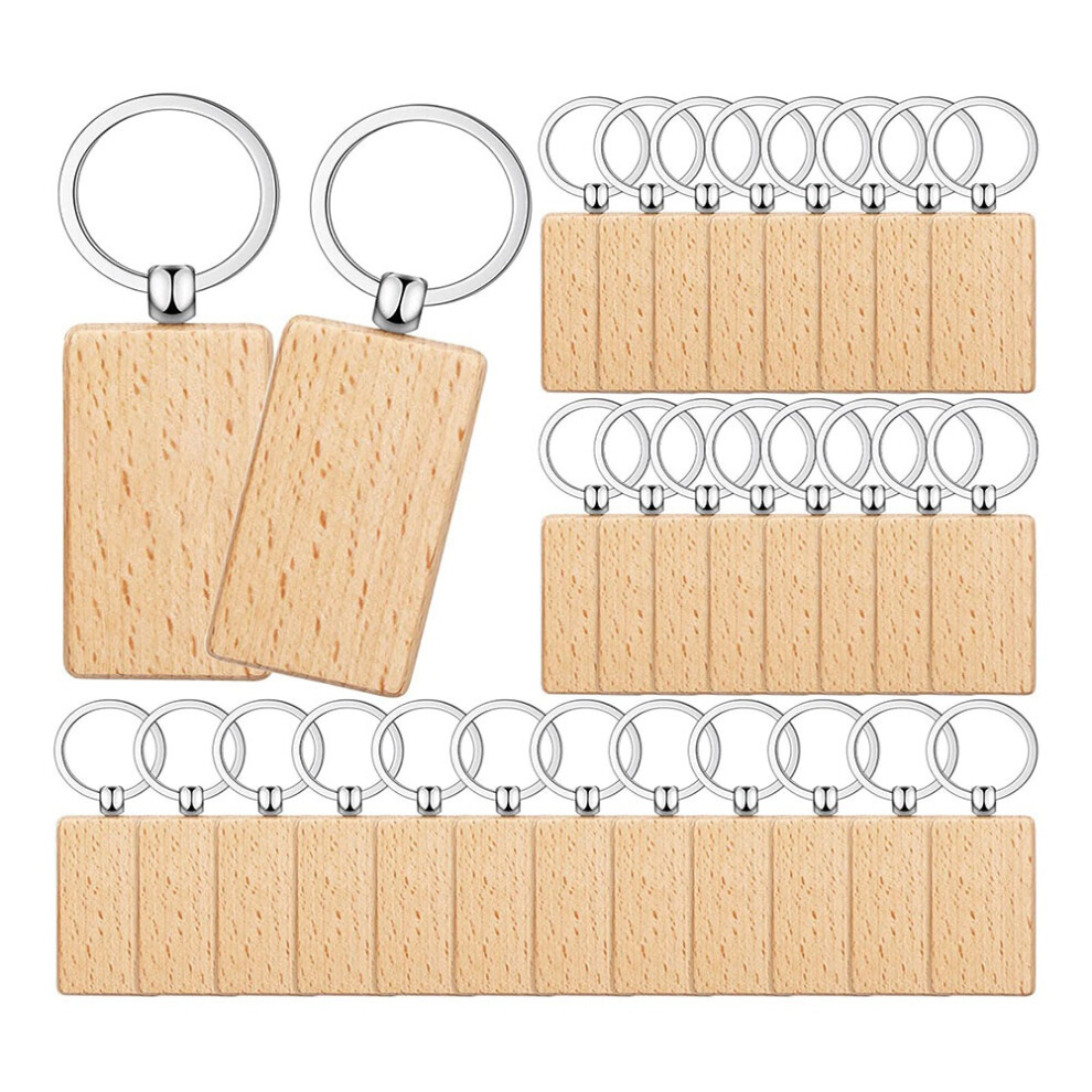 100Pieces Wooden Keychain Blanks Bulk Rectangle Wood Engraving Unfinished Key Ring Tag A