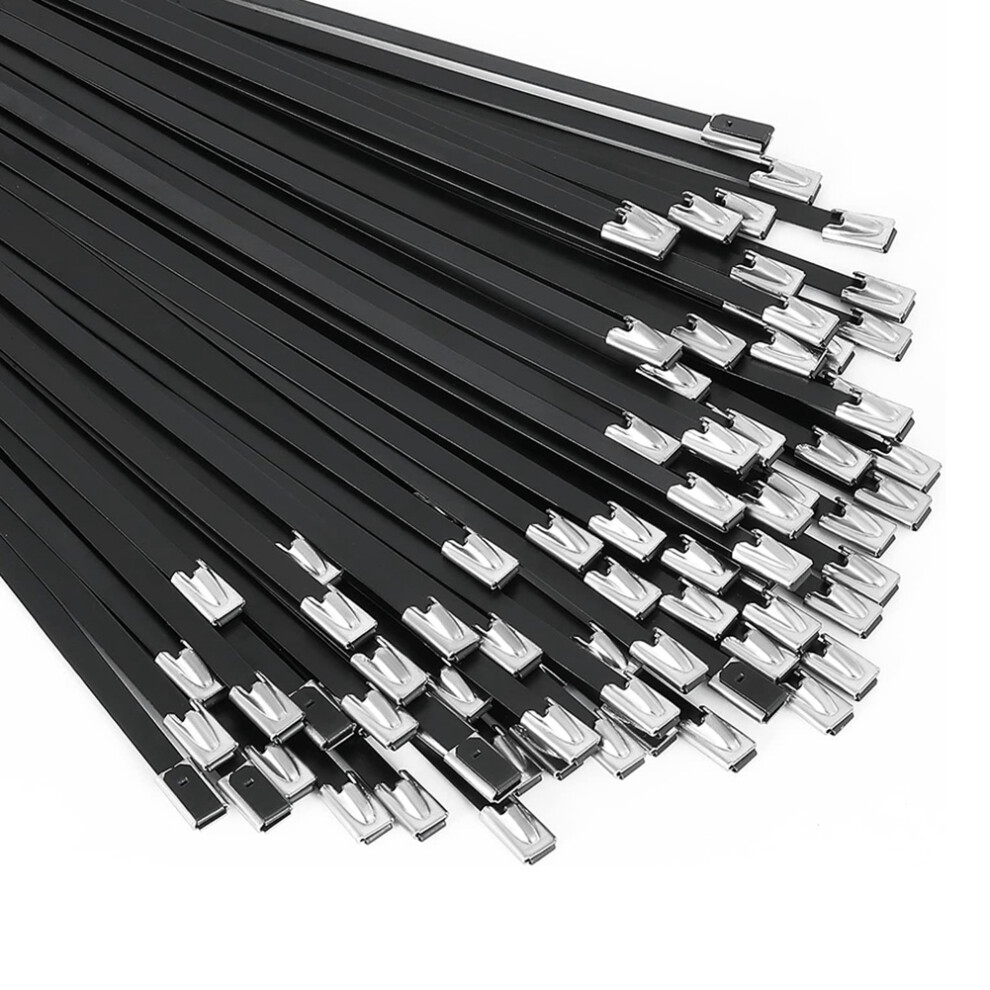 Metal Zip Ties Black 100Pcs 11.8 Inch 304 Stainless Steel Epoxy Coated Cable Tie For Machinery, Vehicles, Farms, Cables 4852694724214