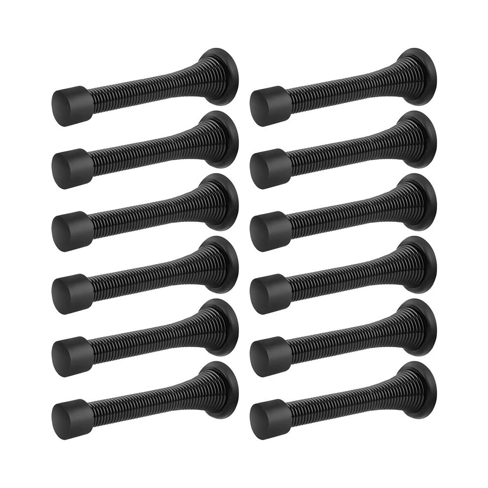 12 Pack Black Spring Door Stops, Flexible Stopper with Low Mounted Rubber Bumper Tips
