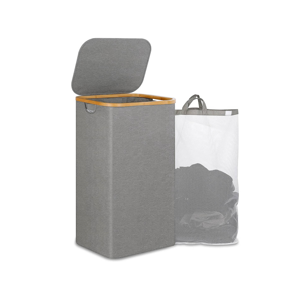 Panier à linge 110 L avec poignée et couvercle, organiseur de panier, sac intérieur amovible pour vêtements et jouets, gris