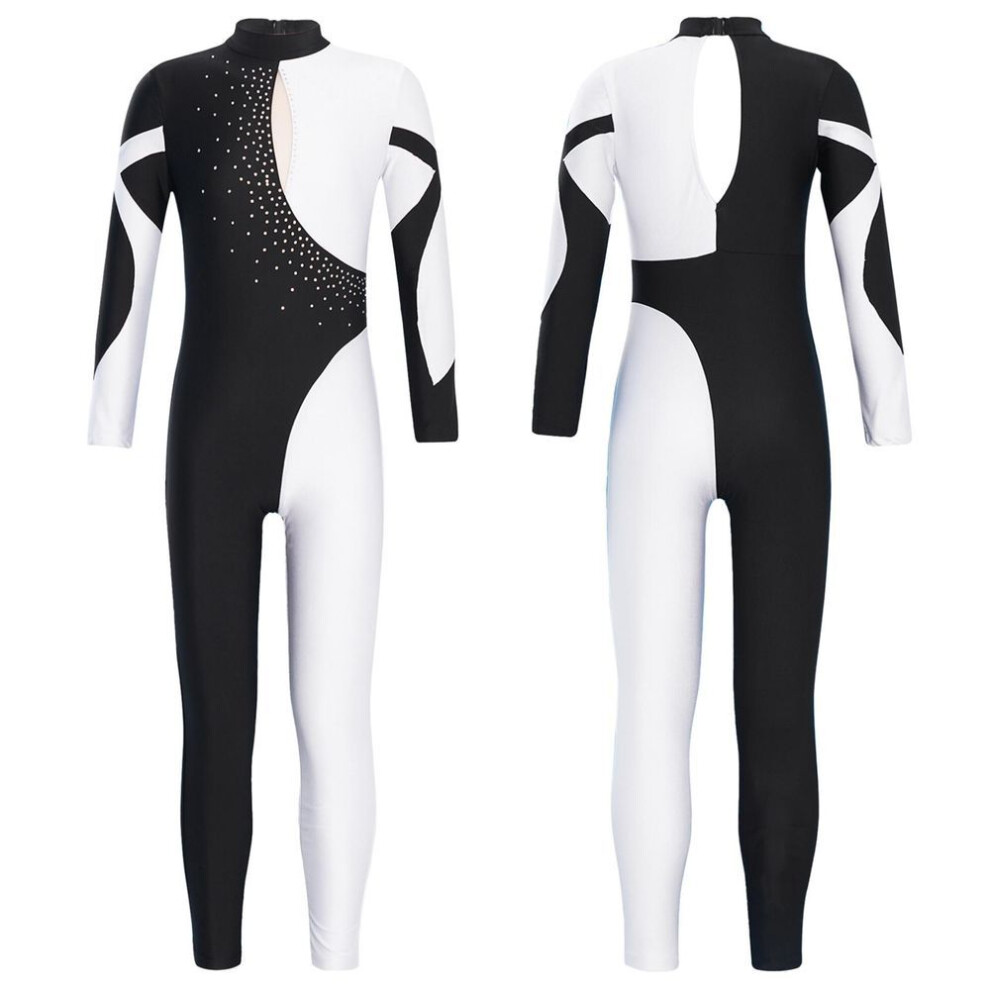 (white, 11-12 Years) Gymnastics Jumpsuits Kids Shiny Rhinestone Ice Skating Bodysuit Girls Long Sleeve Ballet Dance Full Body Leotards Unitards