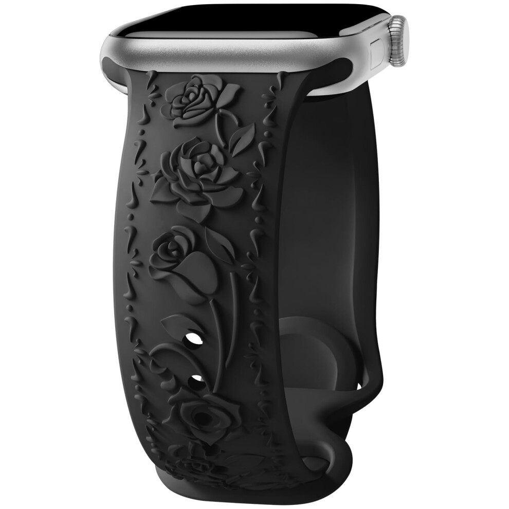 Band Mit Floraler Gravur, Kompatibel Mit Apple Watch Band 40 Mm 41 Mm 38 Mm 42 Mm 44 Mm 45 Mm 46 Mm 49 Mm, Damen, Weiches Silikonarmband Mit Gepr-image