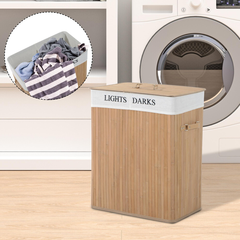 HOMCOM 100L Laundry Hamper Large 100L Double Washing Clothes Basket Natural