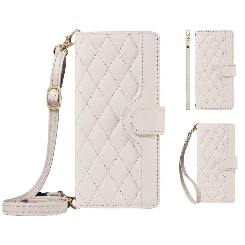(White) Flip Case For Oppo A56 5G Detachable Wrist Strap And Long Lanyard Wallet Card Slots Lattice Flip Folio Phone Case With Stand White 764490356596