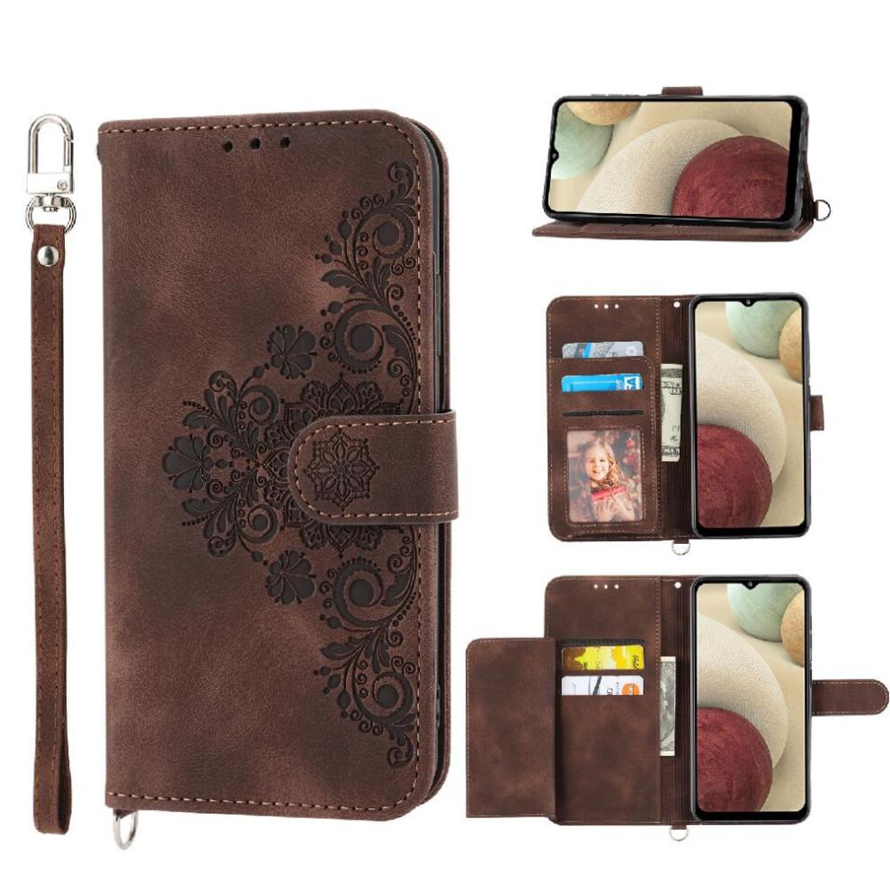 (Brown) Flip Case For Samsung Galaxy A12 5G Embossed Multiple Credit Card Slots Wristband Shockproof Brown 764490357074