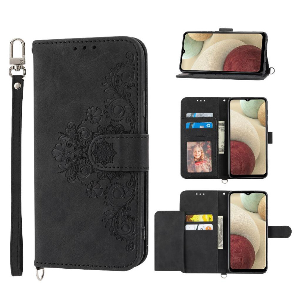 (Black) Flip Case For Samsung Galaxy A12 5G Embossed Multiple Credit Card Slots Wristband Shockproof Black 764490357098