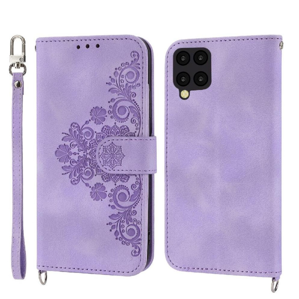 (Purple) Flip Case For Samsung Galaxy A12 5G Embossed Multiple Credit Card Slots Wristband Shockproof Purple 764490357043