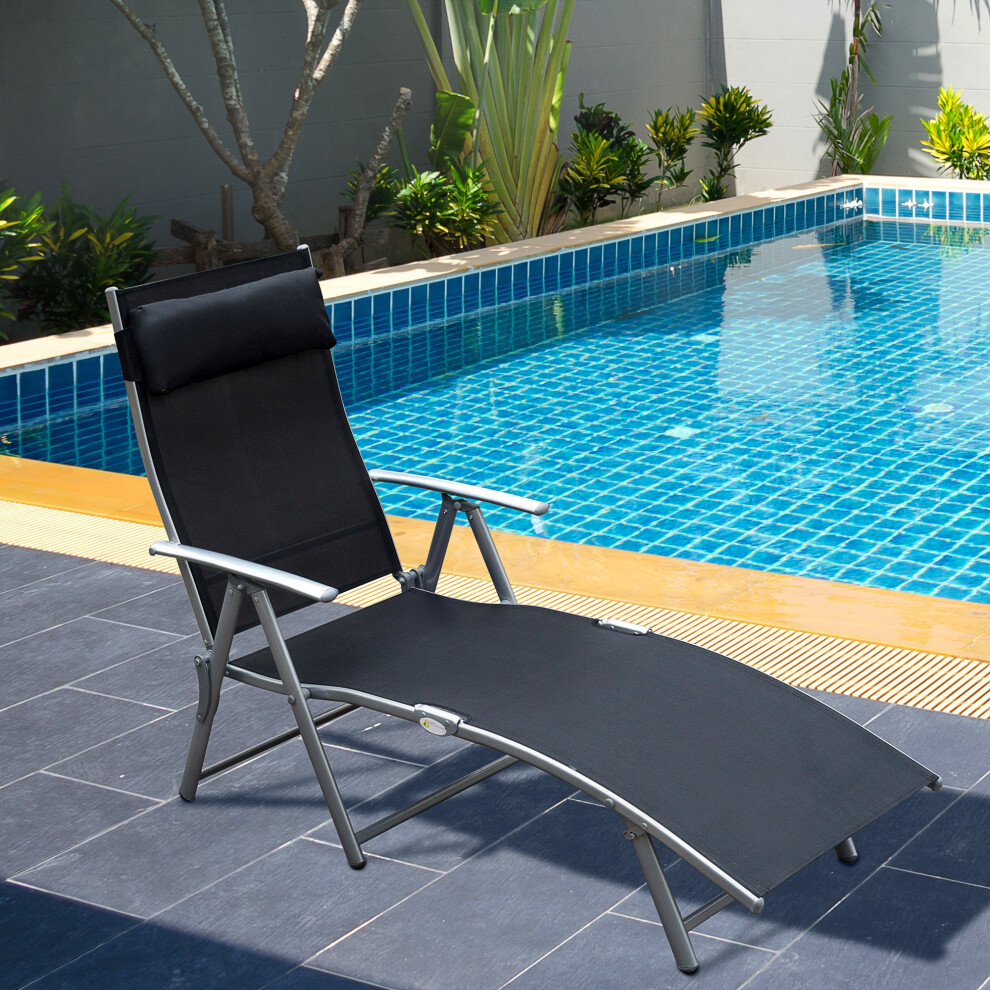 Outsunny Sun Lounger Recliner W/ Pillow Foldable 7 Levels Textilene Black