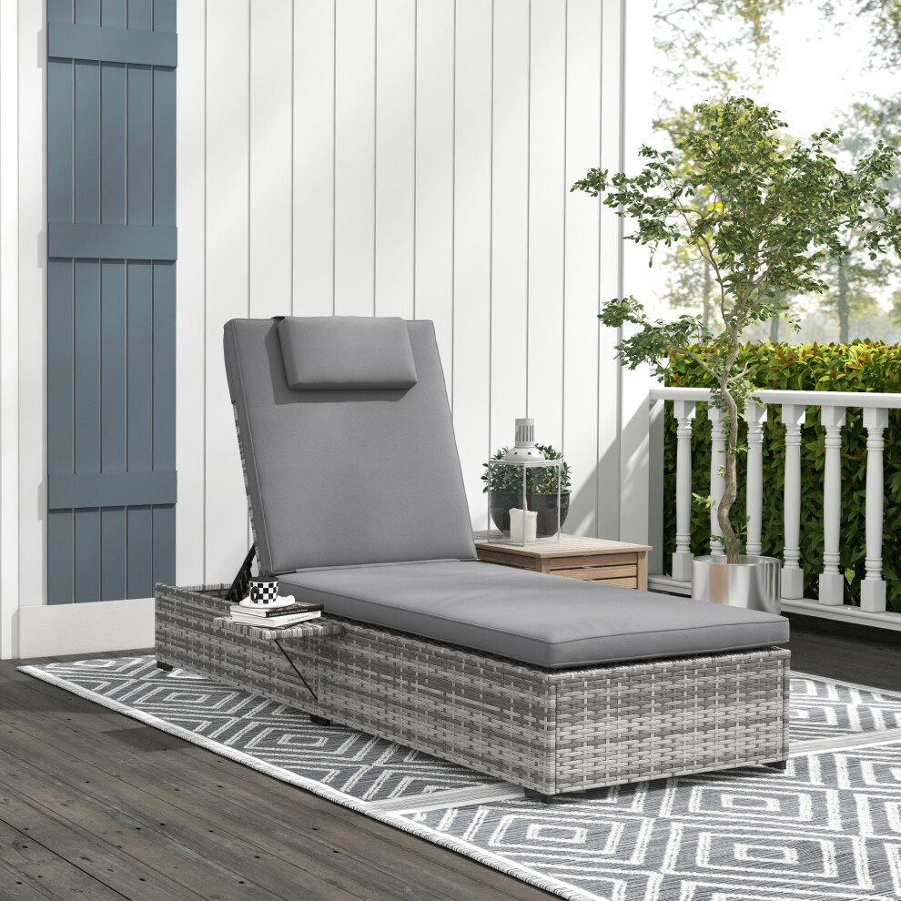 Outsunny Rattan Lounger W/ Cushion, 5-Level Reclining Rattan Sun Lounger, Grey