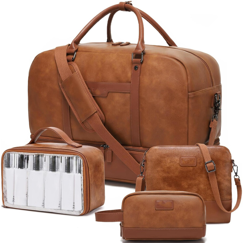 (Light Brown) 4PCS Leather Weekender Bag for Women Men Large Overnight Bag Travel