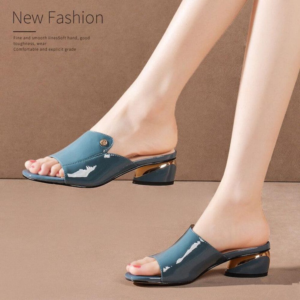 (blue, 39) Sandals Women&apos;s Middle Heel Thick Heel Summer New Women&apos;s Shoes Soft Leather Sandals Slippers Wearing Fashion Fish Mouth Large Women&apos;s