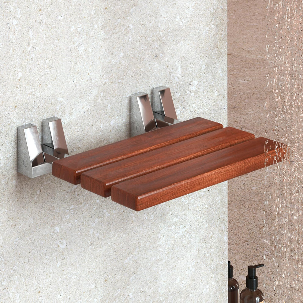 Kenley Folding Shower Seat - Teak Shower Seat Wall Mounted - 16 Inch Floating Fold Down In Shower Bench - Fold Up Bathroom Stool - Foldable Teak Wood Chair