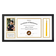 Golden State Art Wood Diploma Tassel Shadow Box 11x22 Frame for 8.5x11 Document/Certificate & 4x6 Photo with Double Mat (White Over Gold) Tassel Ho