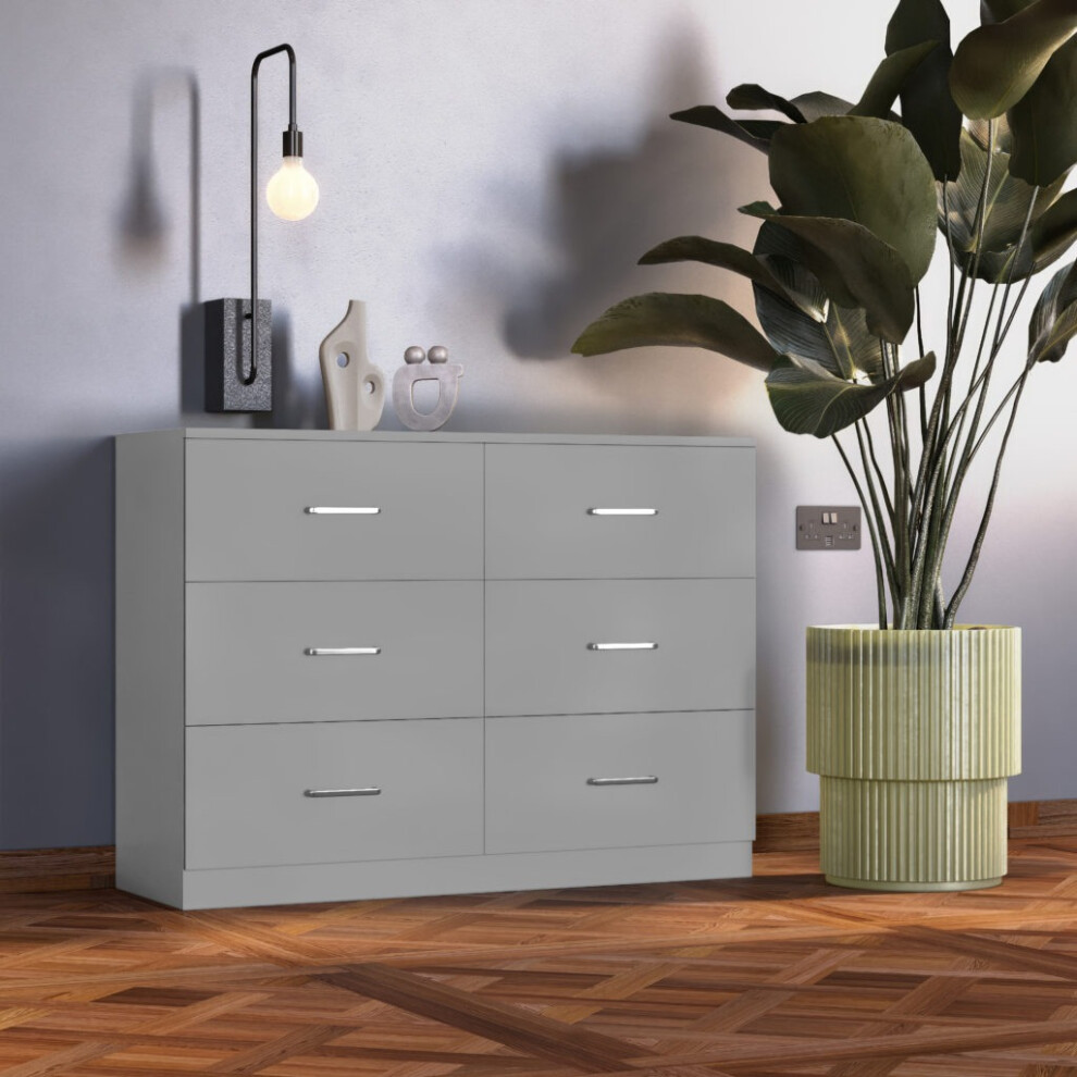Dakota 6 Drawer Chest of Drawers Light Grey Metal Drawer Runners and Handles