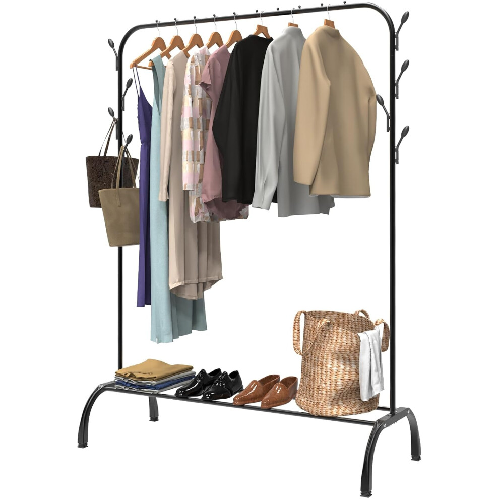 150cm Height Clothing Rack with Hooks, Bottom Rack,Freestanding Rails for Home,Room, Shop, Coats, Skirts, Shirts, Sweaters, Black