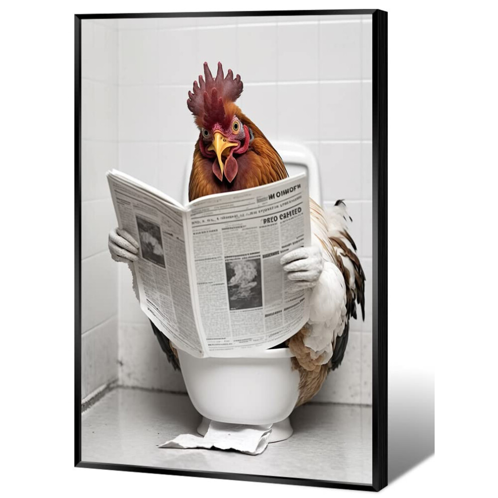 KOEUIRW Dr   le de Poulet Salle de Bain Toile Art Mural Mignon Poulet Dans Toilettes Affiches Noir et Blanc Imprim   s Animaliers Peinture Maximalist