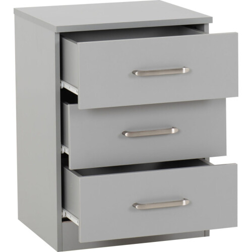 Seconique Dakota 3 Drawer Bedside Light Grey Metal Drawer Runners and Handles