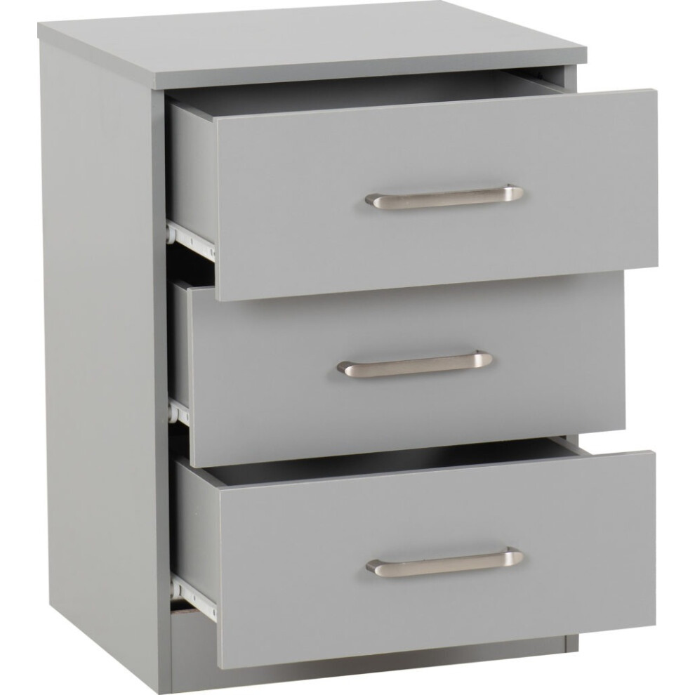 Dakota 3 Drawer Bedside Light Grey Metal Drawer Runners and Handles