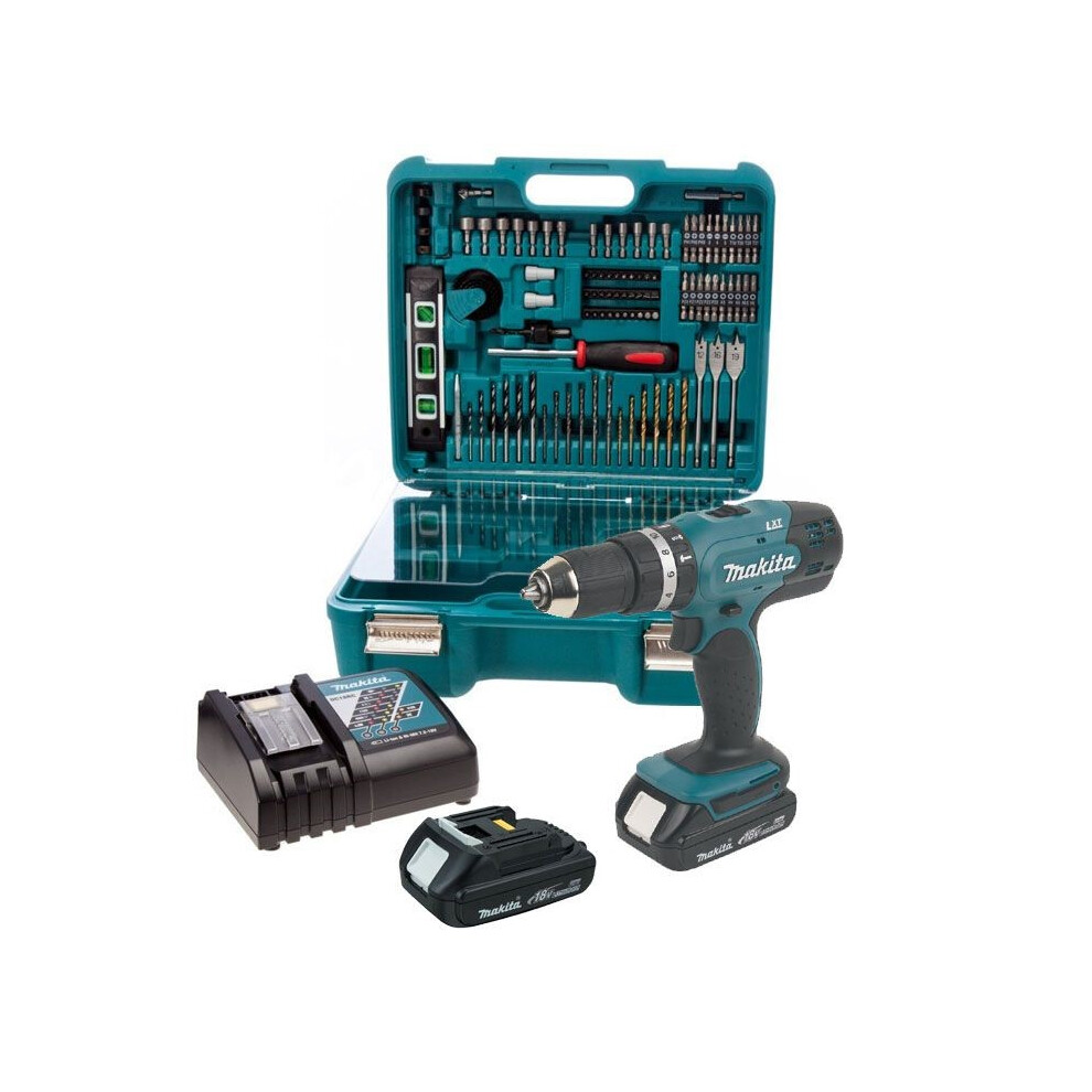 Makita DHP453 18v Lithium Combi Hammer Drill + 101 Piece Bit Set - 2 x Batteries