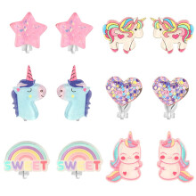 PinkSheep Einhorn-Ohrclips f  r kleine M  dchen, glitzernde Ohrringe, Regenbogen-Ohrringe f  r Kinder, 6 Paar, tolles Geschenk