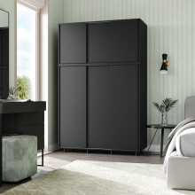 (Black Carcass with Black Doors) 6 Sliding Doors Wardrobe Bedroom Storage Closet Clothes Hanging Rail Cupboard