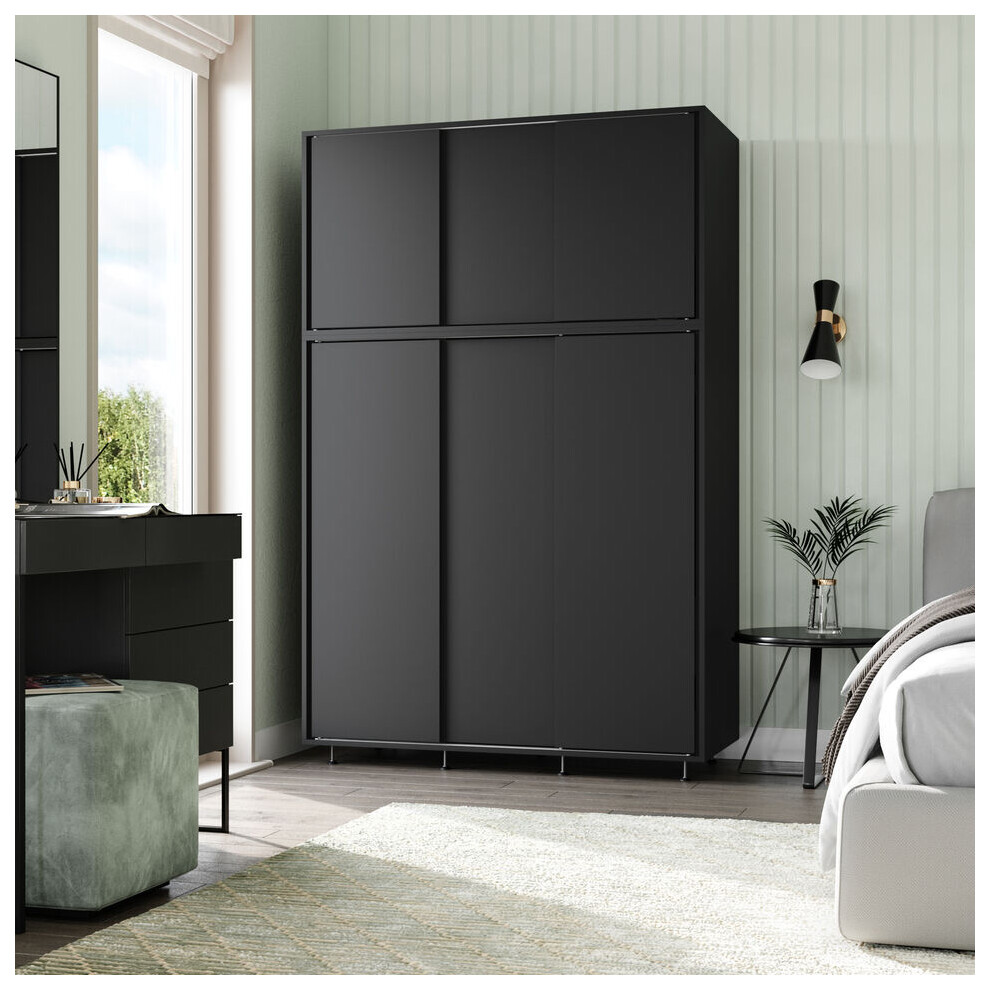 (Black Carcass with Black Doors) 6 Sliding Doors Wardrobe Bedroom Storage Closet Clothes Hanging Rail Cupboard