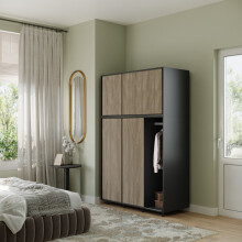 (Black Carcass with Oak Doors) 6 Sliding Doors Wardrobe Bedroom Storage Closet Clothes Hanging Rail Cupboard