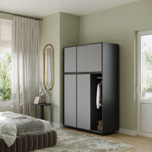 (Black Carcass with Grey Doors) 6 Sliding Doors Wardrobe Bedroom Storage Closet Clothes Hanging Rail Cupboard