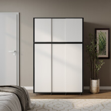 (Black Carcass with White Doors) 6 Sliding Doors Wardrobe Bedroom Storage Closet Clothes Hanging Rail Cupboard