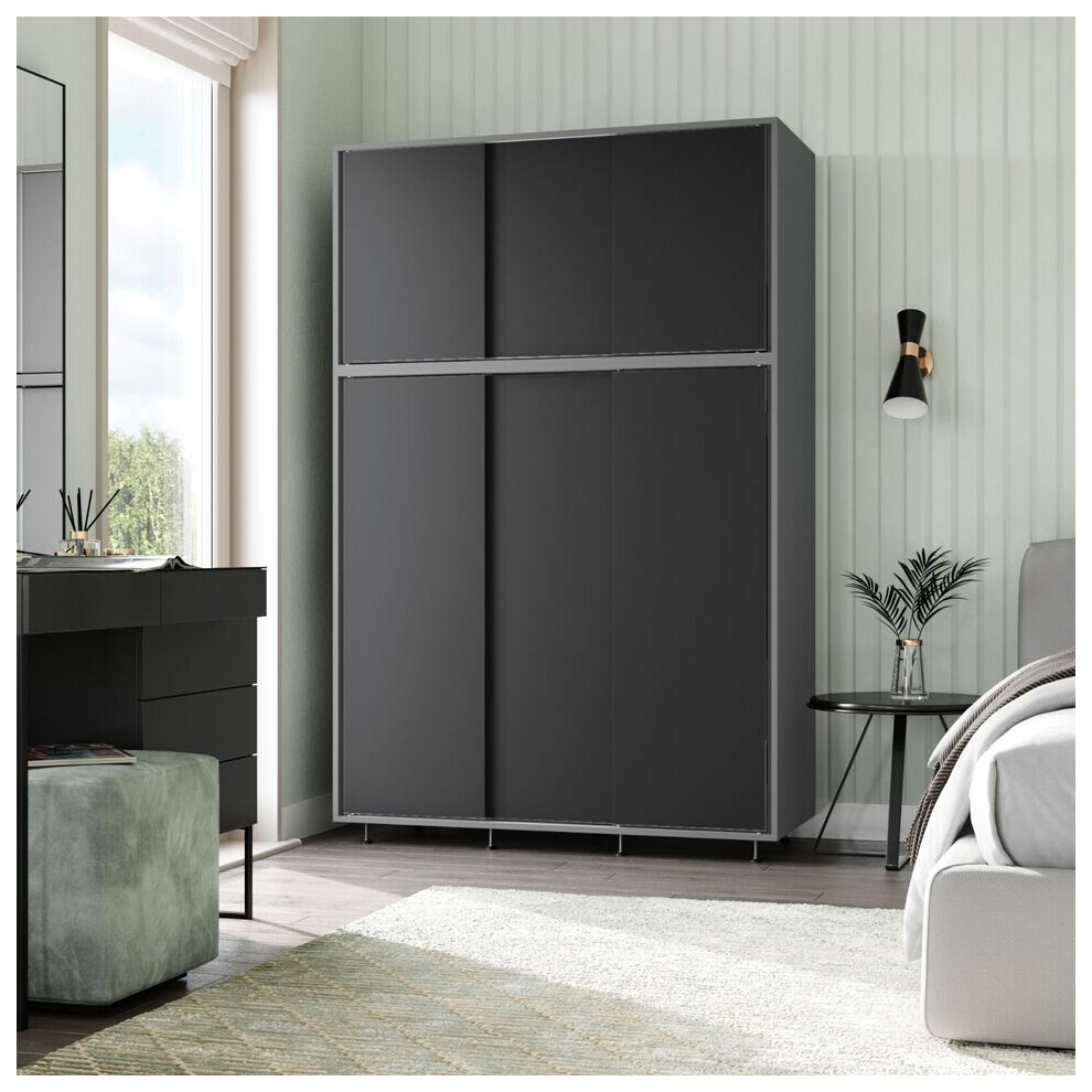 (Grey Carcass with Black Doors) 6 Sliding Doors Wardrobe Bedroom Storage Closet Clothes Hanging Rail Cupboard-image-OPC-PGGWP7B-NEW