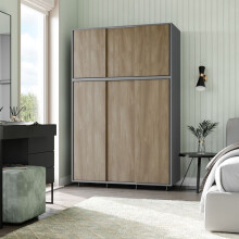(Grey Carcass with Oak Doors) 6 Sliding Doors Wardrobe Bedroom Storage Closet Clothes Hanging Rail Cupboard