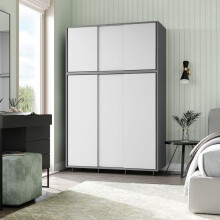 (Grey Carcass with White Doors) 6 Sliding Doors Wardrobe Bedroom Storage Closet Clothes Hanging Rail Cupboard
