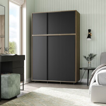 (Oak Carcass with Black Doors) 6 Sliding Doors Wardrobe Bedroom Storage Closet Clothes Hanging Rail Cupboard