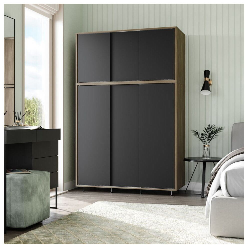 (Oak Carcass with Black Doors) 6 Sliding Doors Wardrobe Bedroom Storage Closet Clothes Hanging Rail Cupboard