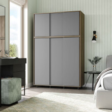 (Oak Carcass with Grey Doors) 6 Sliding Doors Wardrobe Bedroom Storage Closet Clothes Hanging Rail Cupboard