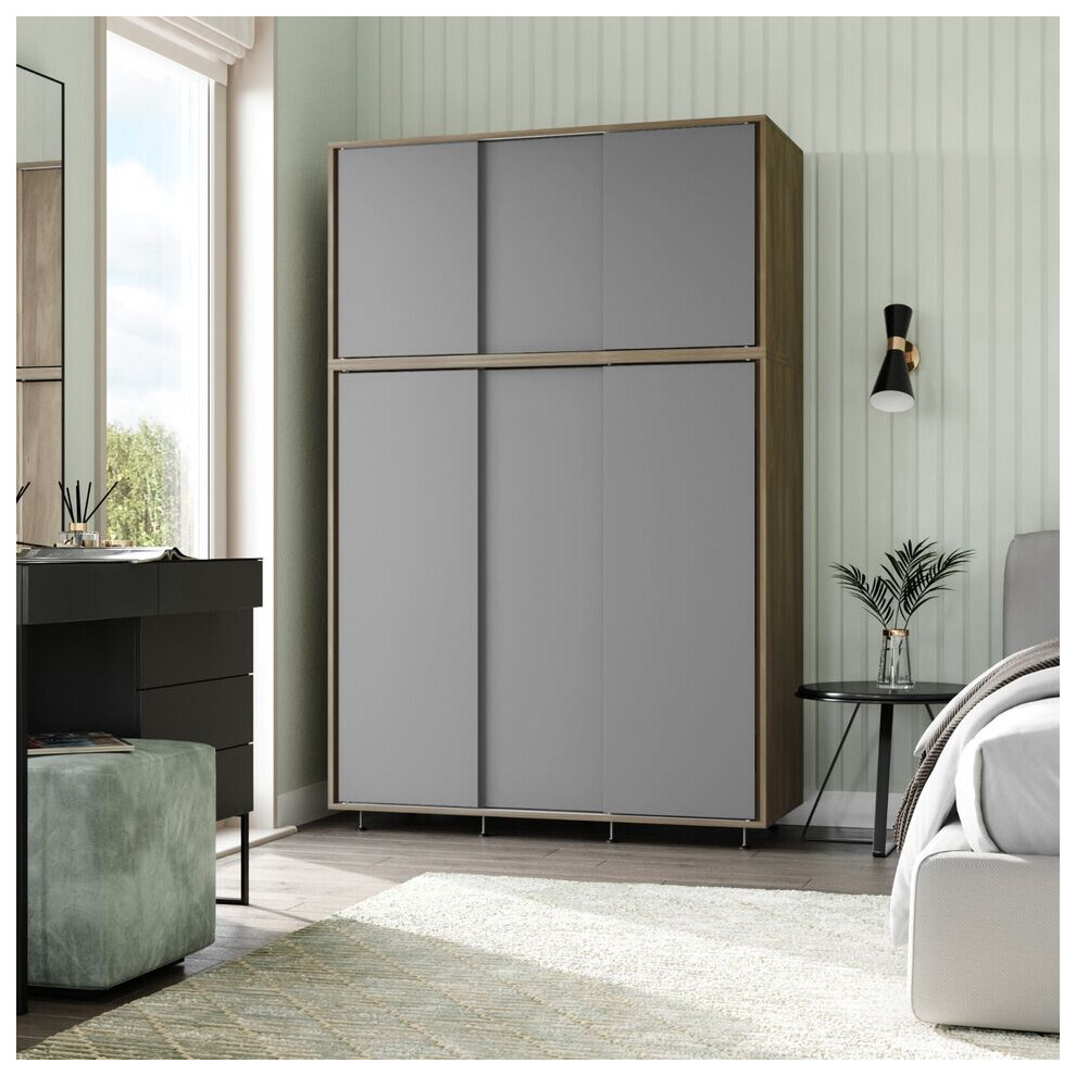 (Oak Carcass with Grey Doors) 6 Sliding Doors Wardrobe Bedroom Storage Closet Clothes Hanging Rail Cupboard