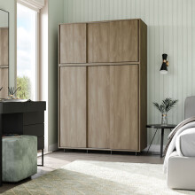 (Oak Carcass with Oak Doors) 6 Sliding Doors Wardrobe Bedroom Storage Closet Clothes Hanging Rail Cupboard