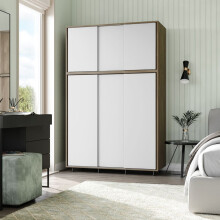 (Oak Carcass with White Doors) 6 Sliding Doors Wardrobe Bedroom Storage Closet Clothes Hanging Rail Cupboard