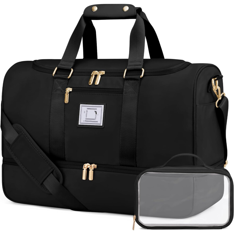 (L, Black) Travel Bag Gym Bag for Women, 50L Large Weekend Overnight Holdall Duffle Bags with Toiletry Bag