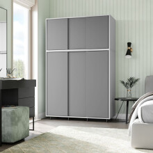 (White Carcass with Grey Doors) 6 Sliding Doors Wardrobe Bedroom Storage Closet Clothes Hanging Rail Cupboard