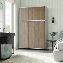 (White Carcass with Oak Doors) 6 Sliding Doors Wardrobe Bedroom Storage Closet Clothes Hanging Rail Cupboard