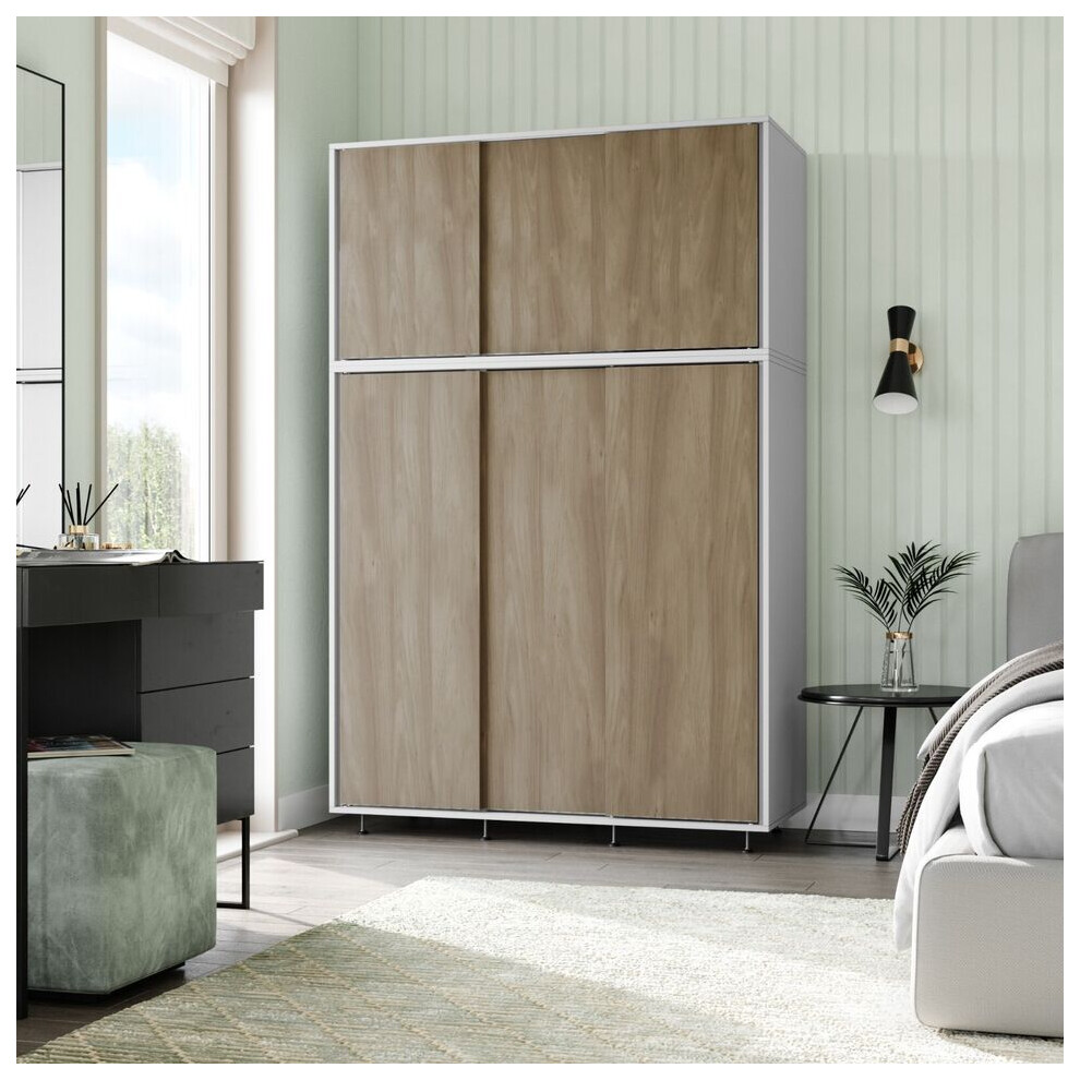 (White Carcass with Oak Doors) 6 Sliding Doors Wardrobe Bedroom Storage Closet Clothes Hanging Rail Cupboard