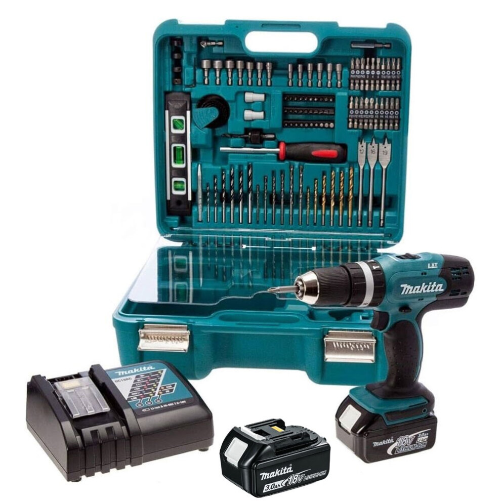 Makita DHP453RFE 18v Lithium Combi Hammer Drill +101PC Screwdriver Bit Set 2x3ah