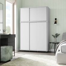 (White Carcass with White Doors) 6 Sliding Doors Wardrobe Bedroom Storage Closet Clothes Hanging Rail Cupboard