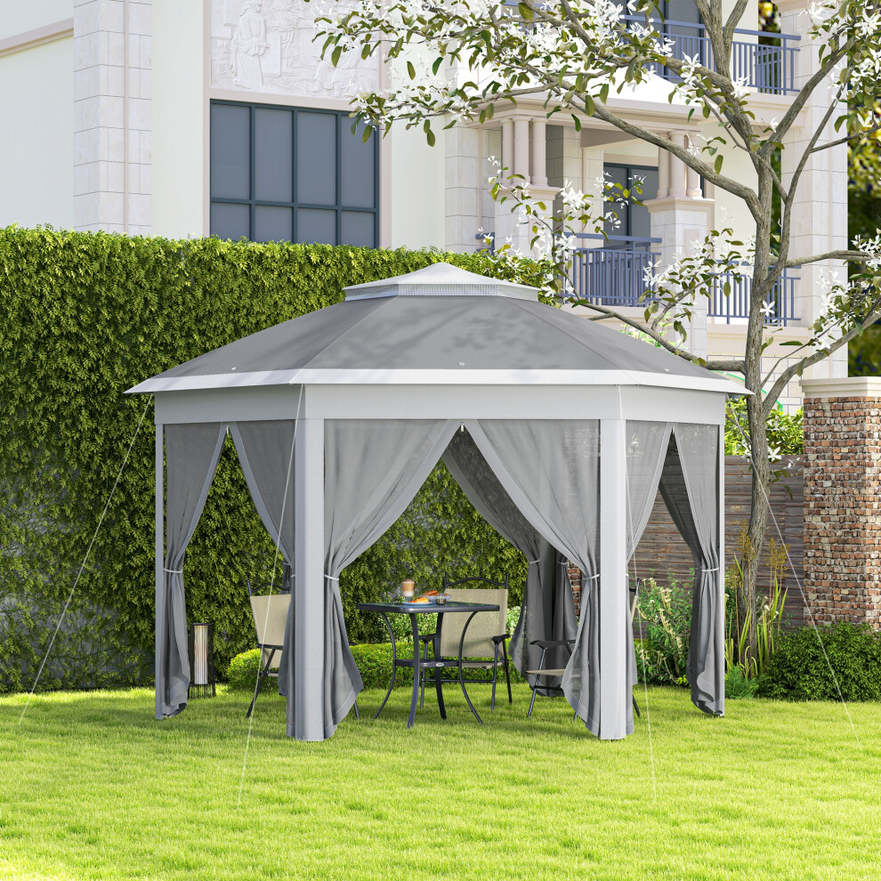 Outsunny 3x4m Hexagon Gazebo w/ Mesh Curtains Outdoor Garden, Dark Grey