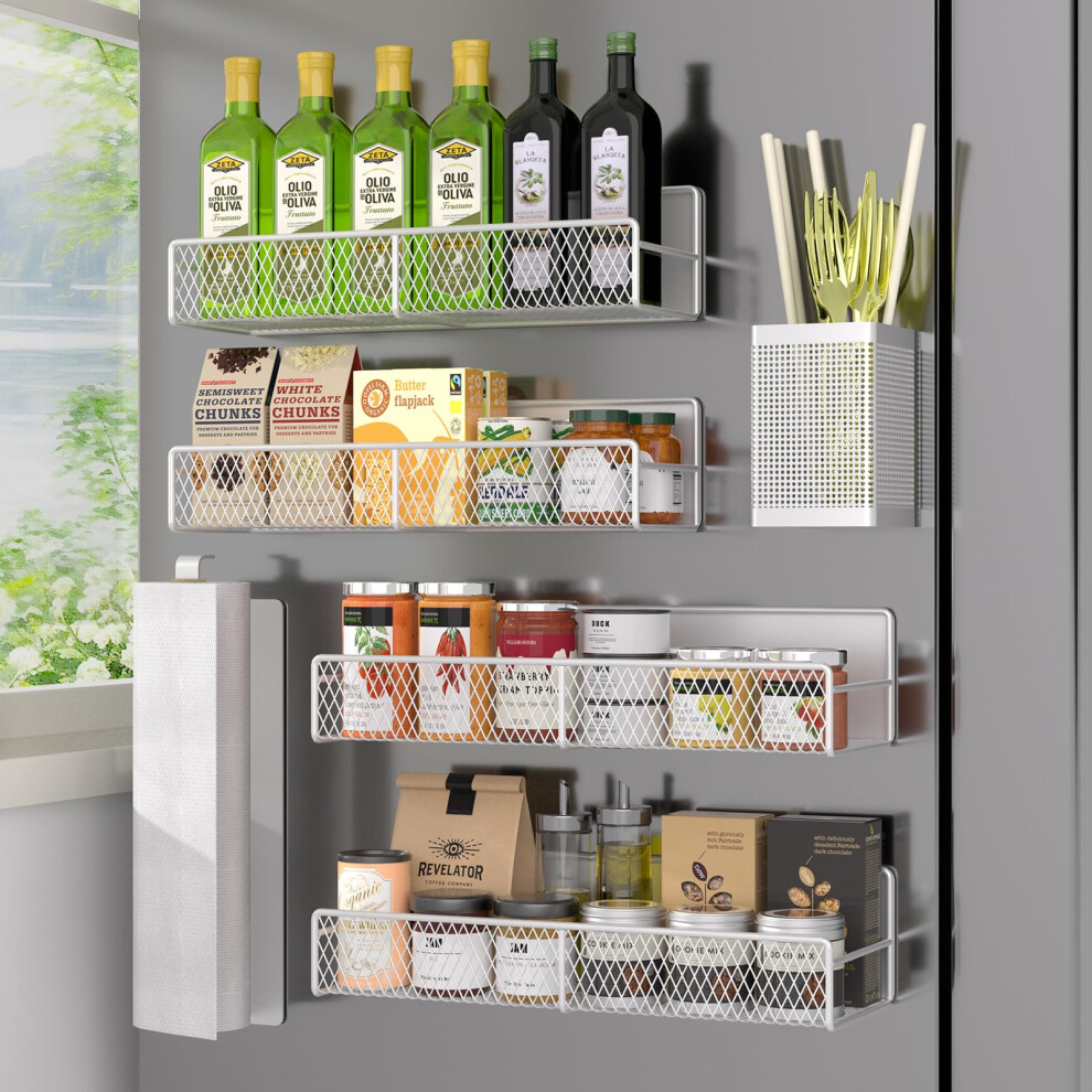 DTUQYX Magnetic Spice Rack Refrigerator Organizer 6 Pack Metal Black Magnetic Shelf with Paper Towel Holder Utensils Holder