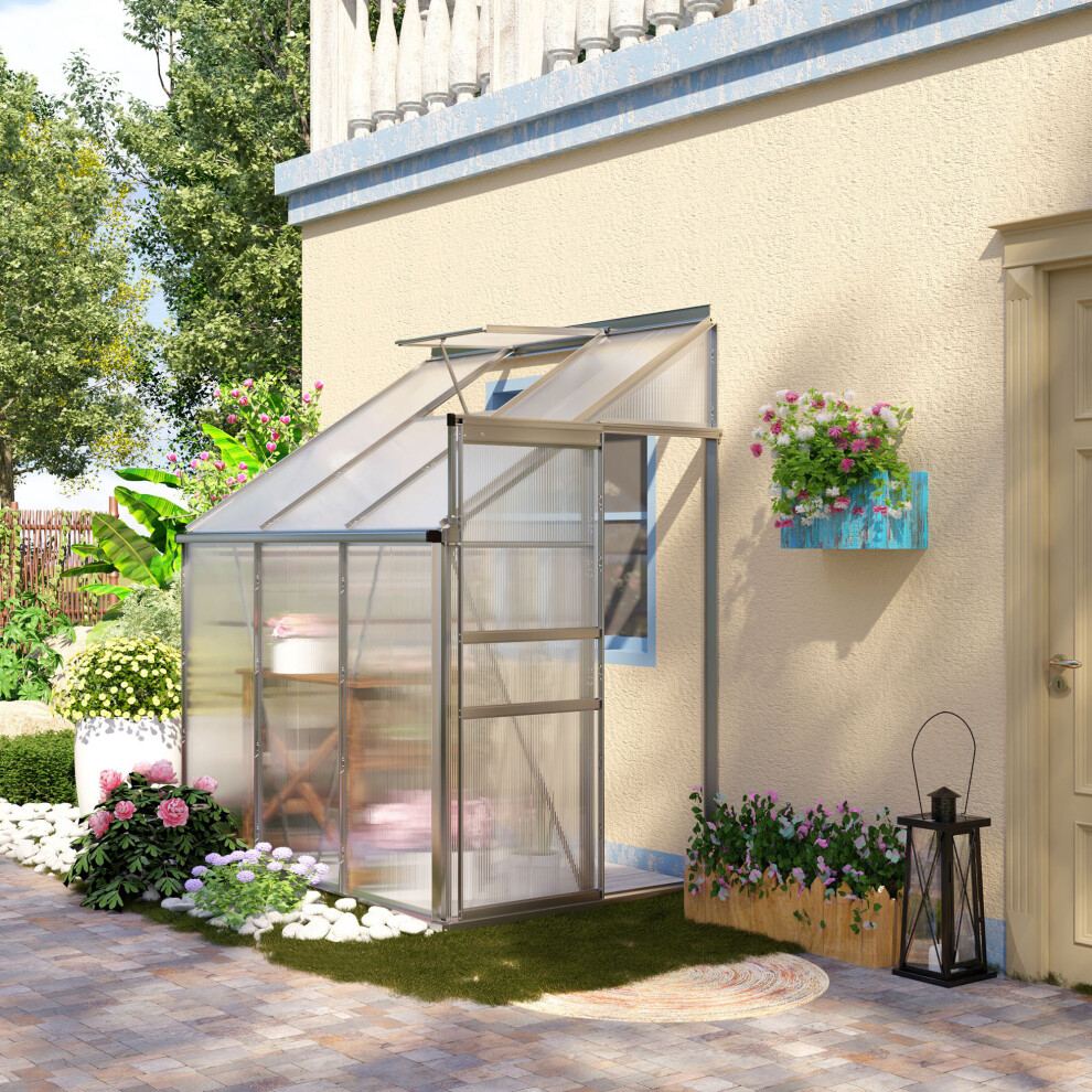 Outsunny 6 X 4Ft Lean To Polycarbonate Greenhouse For Outdoor W/ Sliding Door