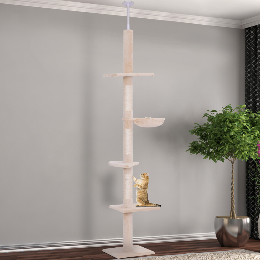 PawHut Floor-to-Ceiling Cat Tree 5-Tier Climbing Tower, Beige, D30-209CW – Adjustable 230-260 cm, Scratching Post