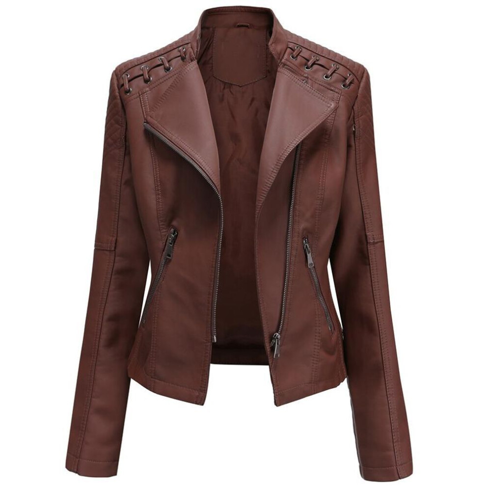(coffee, 4XL) Women&apos;s Stylish Faux Leather Jacket Classic Pu Moto Biker Fashion Zip Up Casual Short Coat Slim Outerwear With Retro Lacing Detail S-4xl Plus Siz